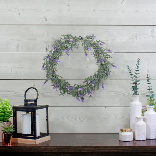 White & Purple Lavender Faux LED Lighted Wreath, 16"
