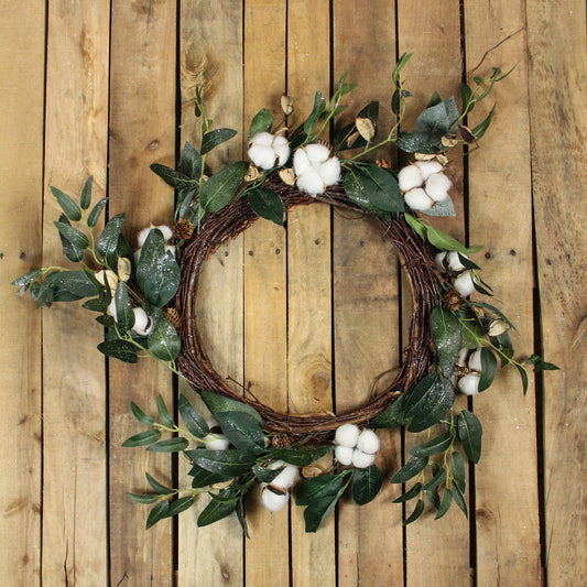 White Cotton Flowers Spring Twig Wreath 18"