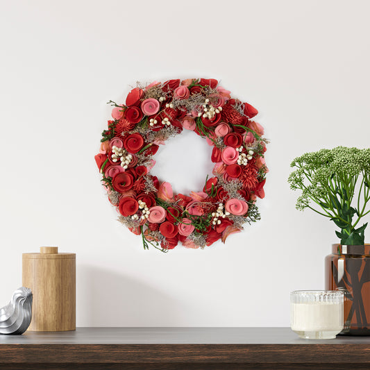Pink & Red Wooden Roses Spring Wreath, 13"