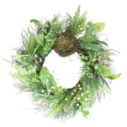 Green & Brown Foliage Spring Wreath with Nest 24"