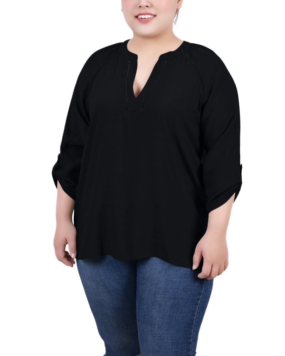  NY Collection Plus Size Raglan Sleeve Split Neck Blouse - Black - Bonton