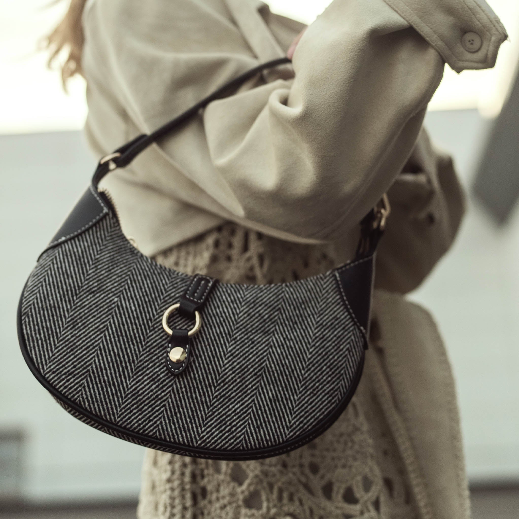  MKF Collection Mire Half Moon Shoulder Bag - Black Herringbone - Bonton