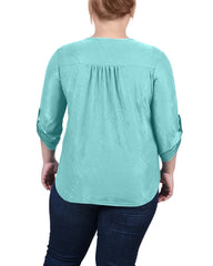 Plus Size 3/4 Roll Tab Zip Front Jacquard Knit Top