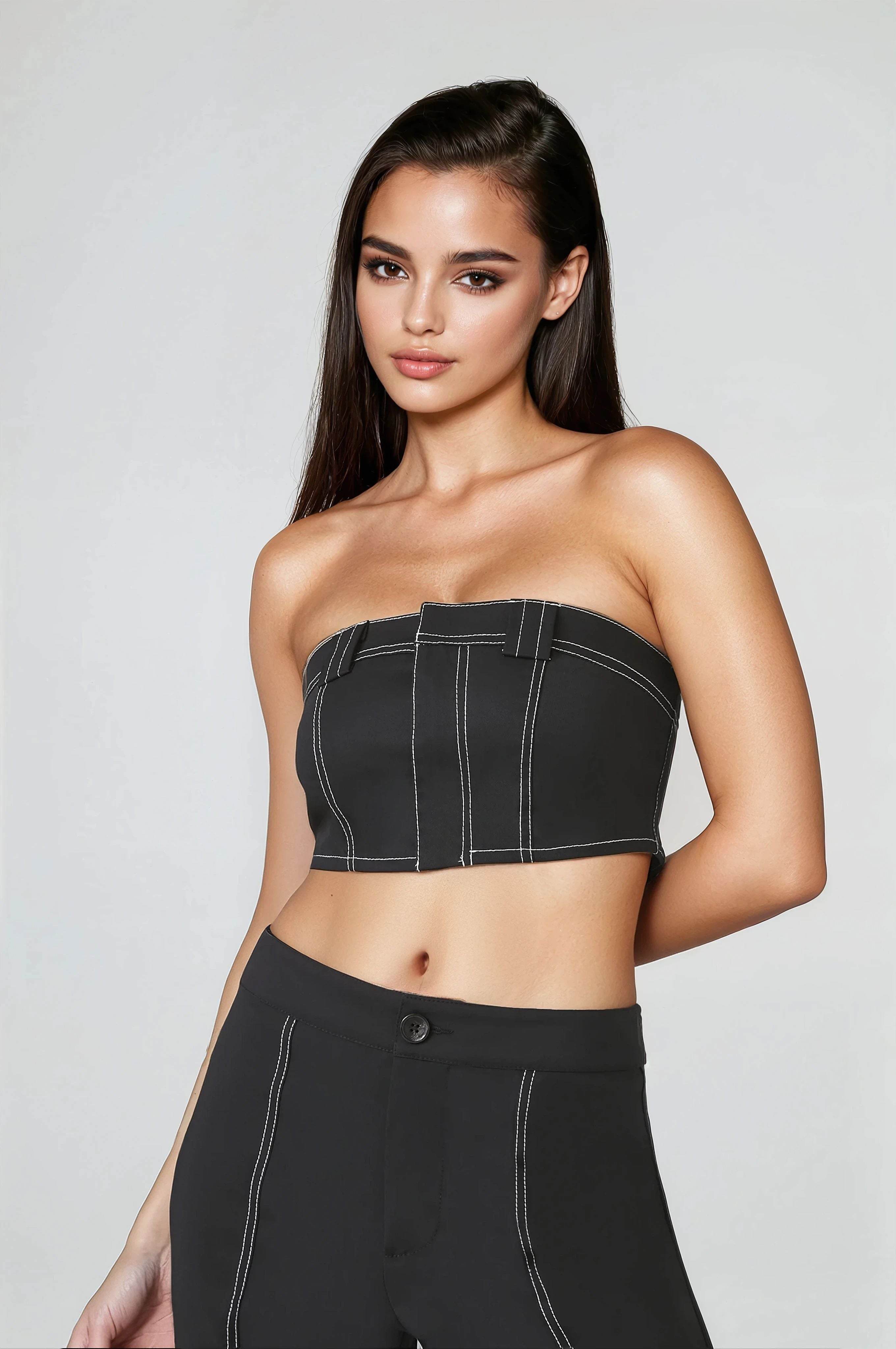  Forever 21 Super Cropped Button-Front Tube Top - tan - Bonton
