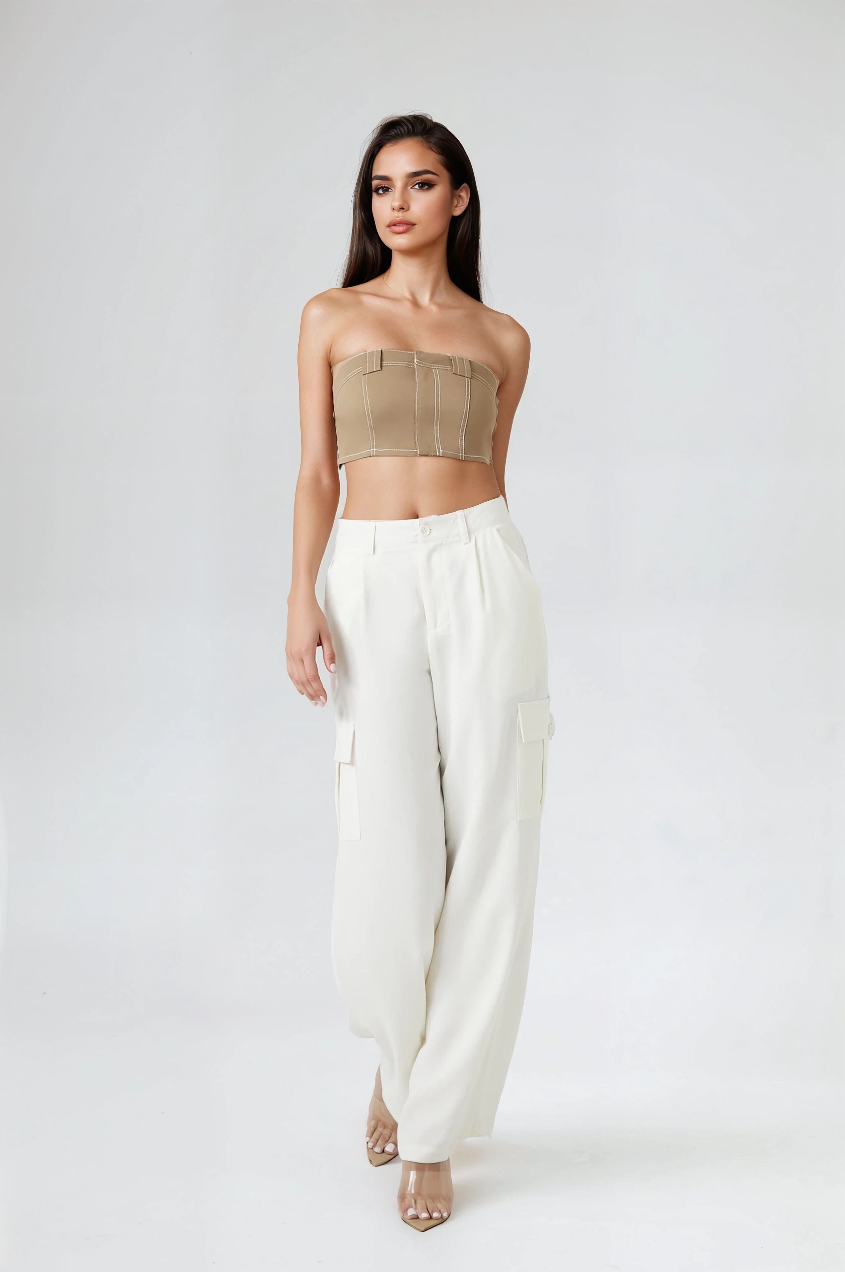  Forever 21 Super Cropped Button-Front Tube Top - tan - Bonton