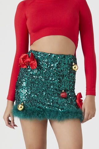 Christmas Bow & Ornament Sequin Mini Skirt