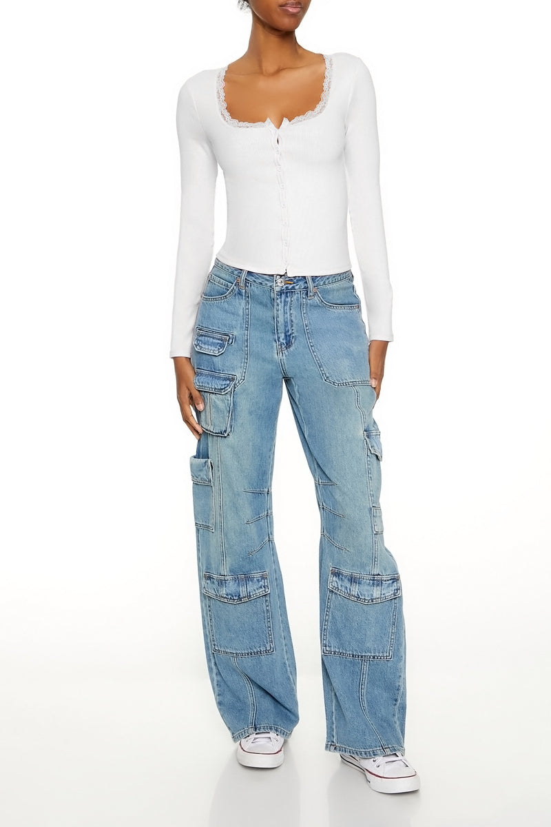  Forever 21 Ribbed Lace-Trim Top - white - Bonton