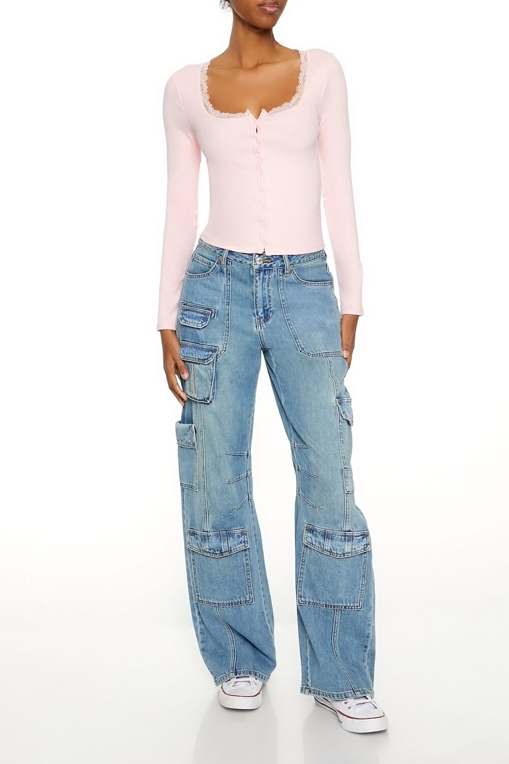  Forever 21 Ribbed Lace-Trim Top - white - Bonton