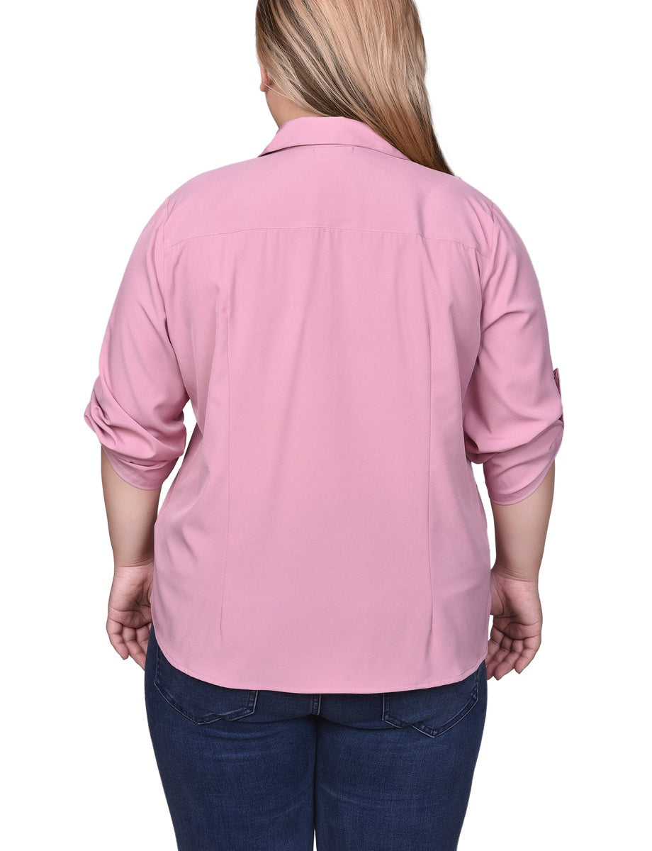  NY Collection Plus Size 3/4 Roll Tab Sleeve Zip Front Blouse - Lilas - Bonton