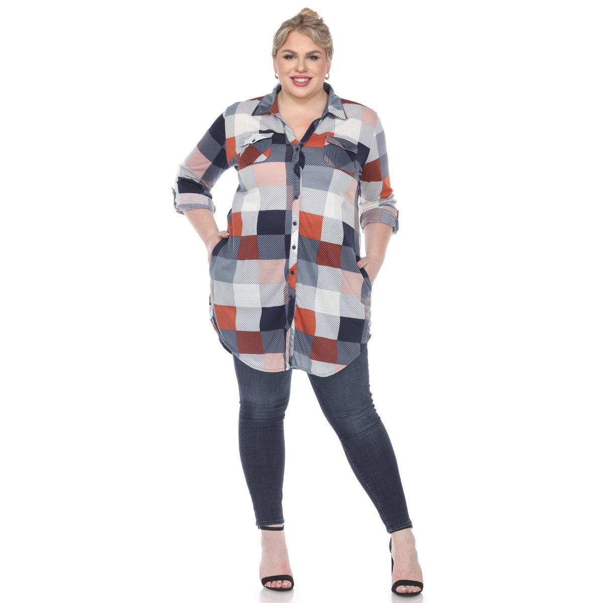  White Mark Plus Size Plaid Button Down Tunic Shirt - 1X - Bonton