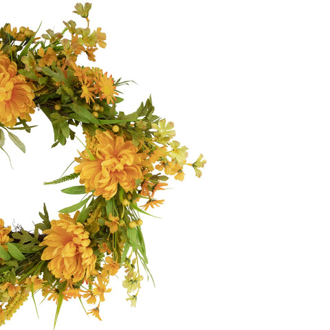 Yellow Peony Artificial Fall Harvest Twig Wreath  24-Inch  Unlit