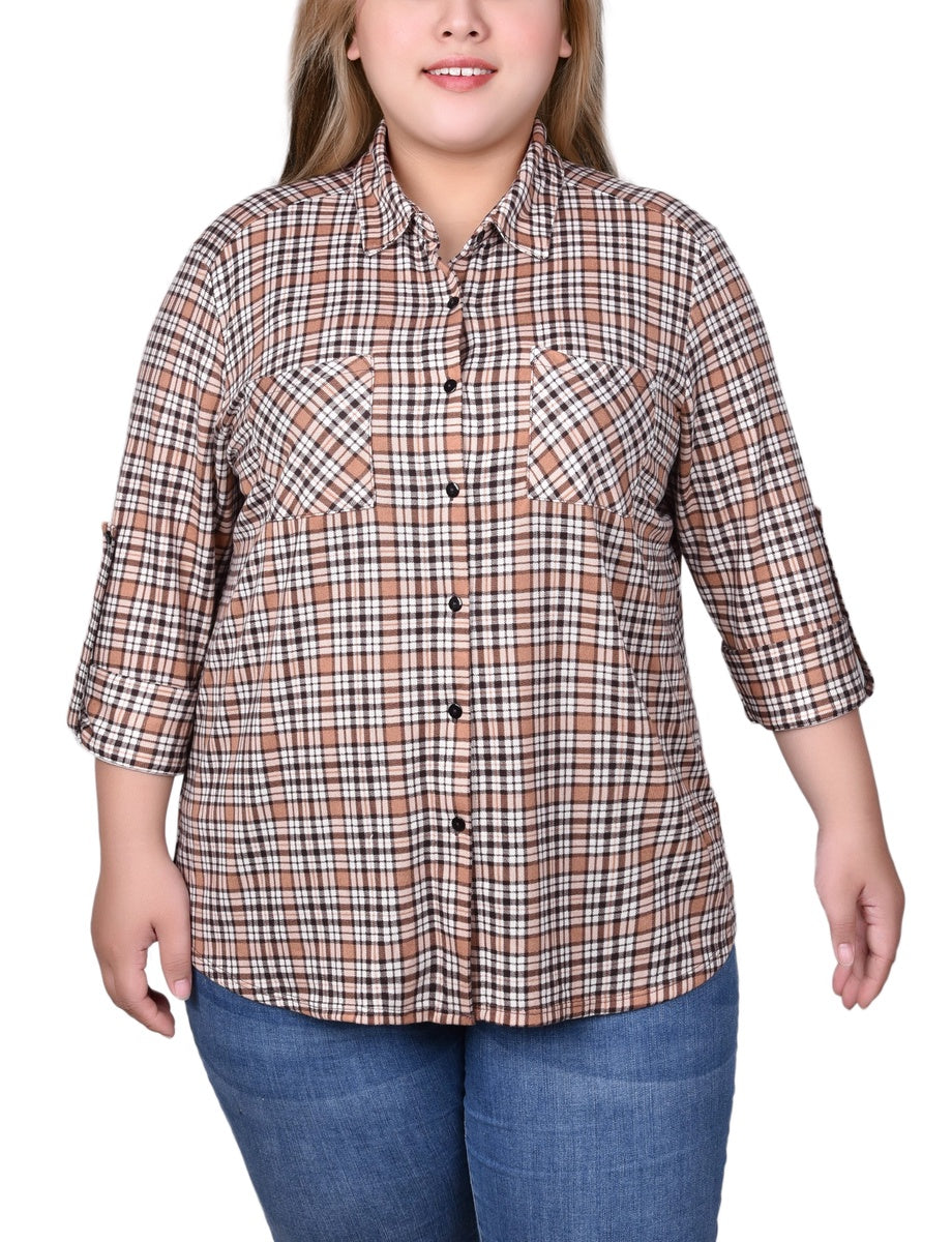  NY Collection Plus Size Long Sleeve Button Front Tunic Top - Rust Denim Plaid - Bonton