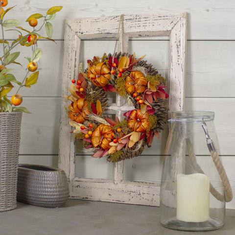 Orange Pumpkins and Berries Autumn Harvest Wreath  13-Inch  Unlit