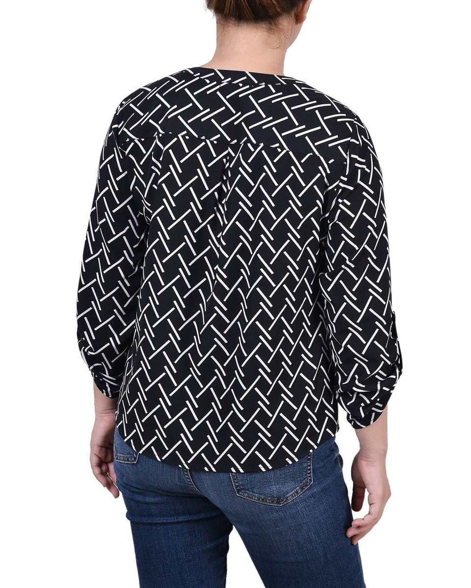  NY Collection Petite 3/4 Sleeve Roll Tab Y Neck Blouse - Black White Abstract - Bonton