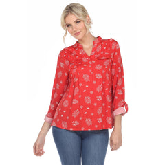 Women's Pleated Long Sleeve Leaf Print Blouse