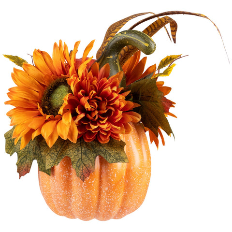 Sunflower and Mum Filled Pumpkin Thanksgiving Decoration - 14.75" - Yellow