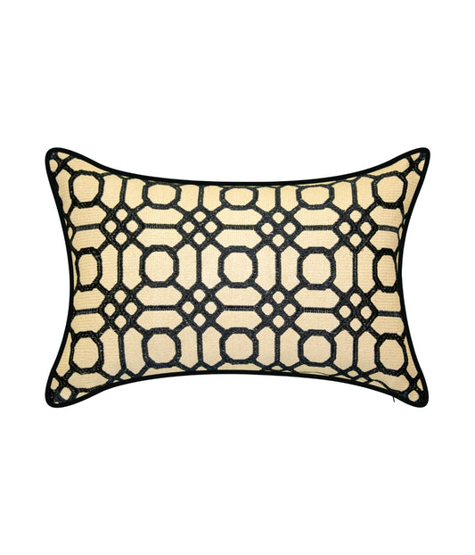 Raffia Geometric Embroidery Decorative Lumbar Pillow Black/Natural