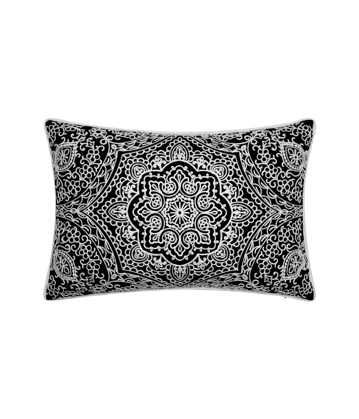  Edie @ Home Arabasque Outdoor Embroidered Pillow Black - Black - Bonton