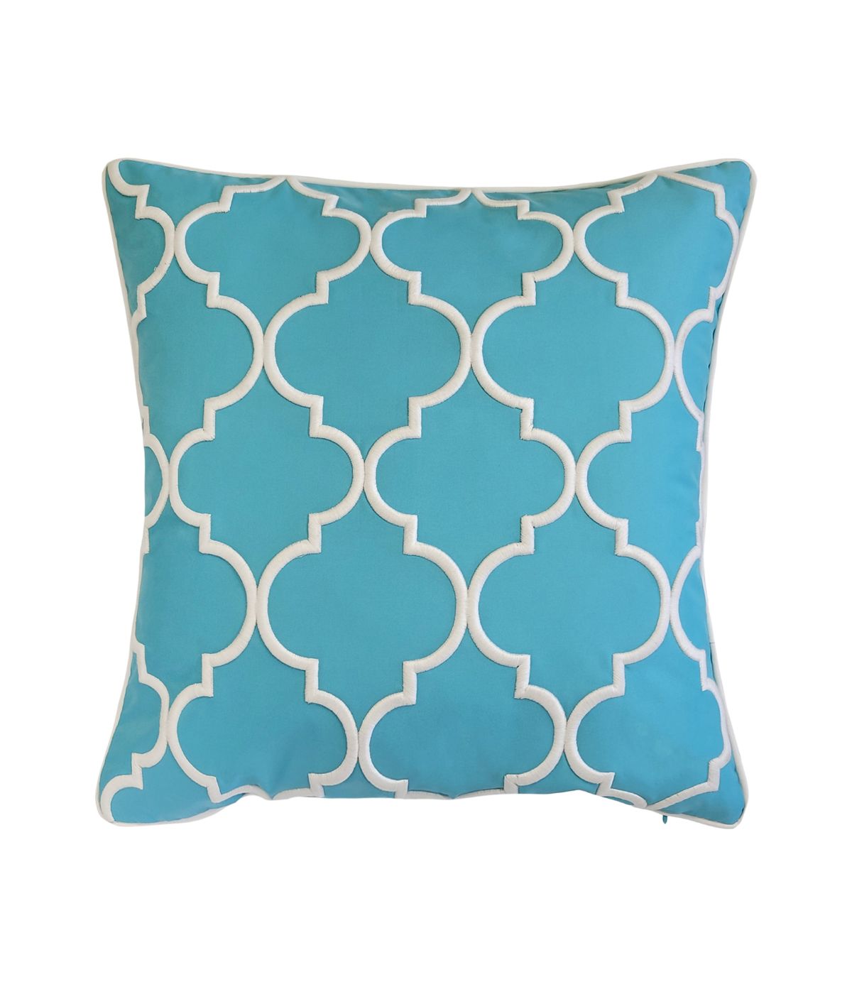  Edie @ Home Oversized Quartrefoil Corded Embroidery Outdoor Pillow Aqua/White - Aqua/White - Bonton