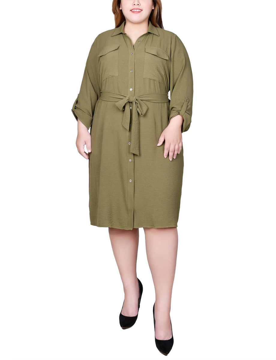  NY Collection Plus Size Long Roll Tab Sleeve Shirtdress - Burnt Olive - Bonton