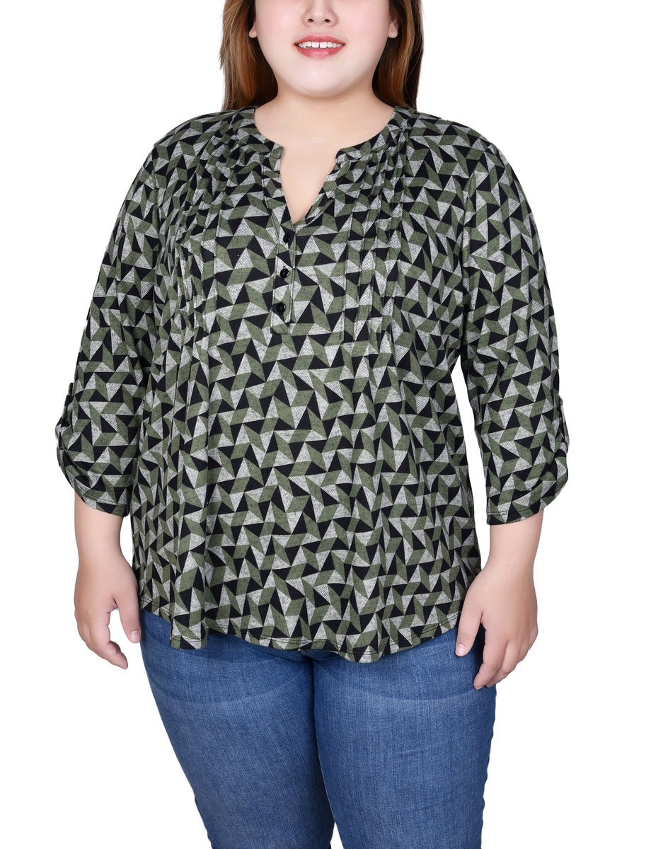  NY Collection Plus Size 3/4 Roll Sleeve Top - Black Grey Animal - Bonton