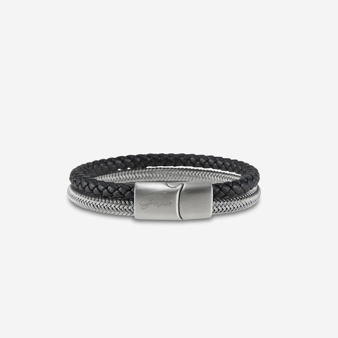  Gernie NYC Men's Genuine Leather Selma Bracelet - Black & Silver - Bonton