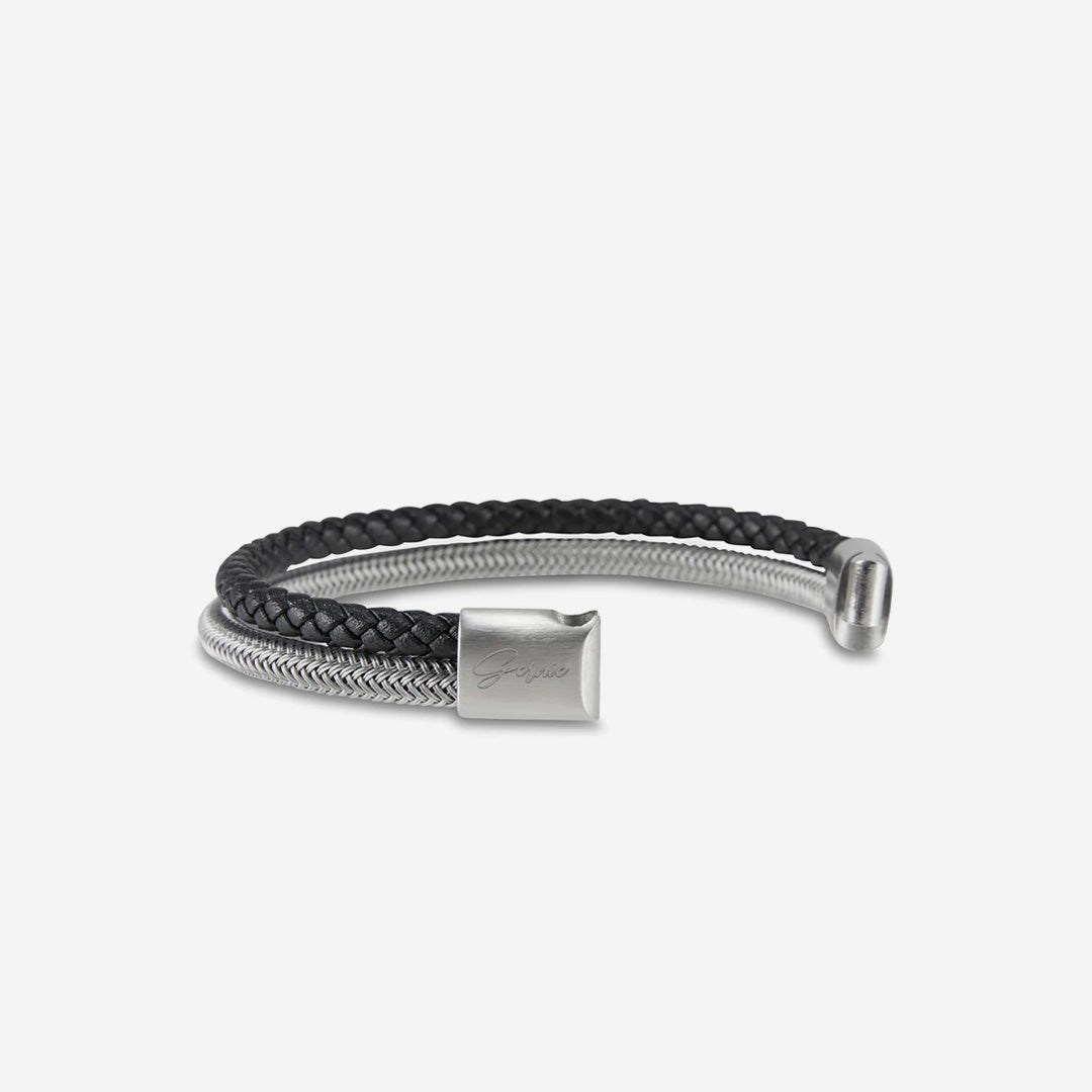  Gernie NYC Men's Genuine Leather Selma Bracelet - Black & Silver - Bonton