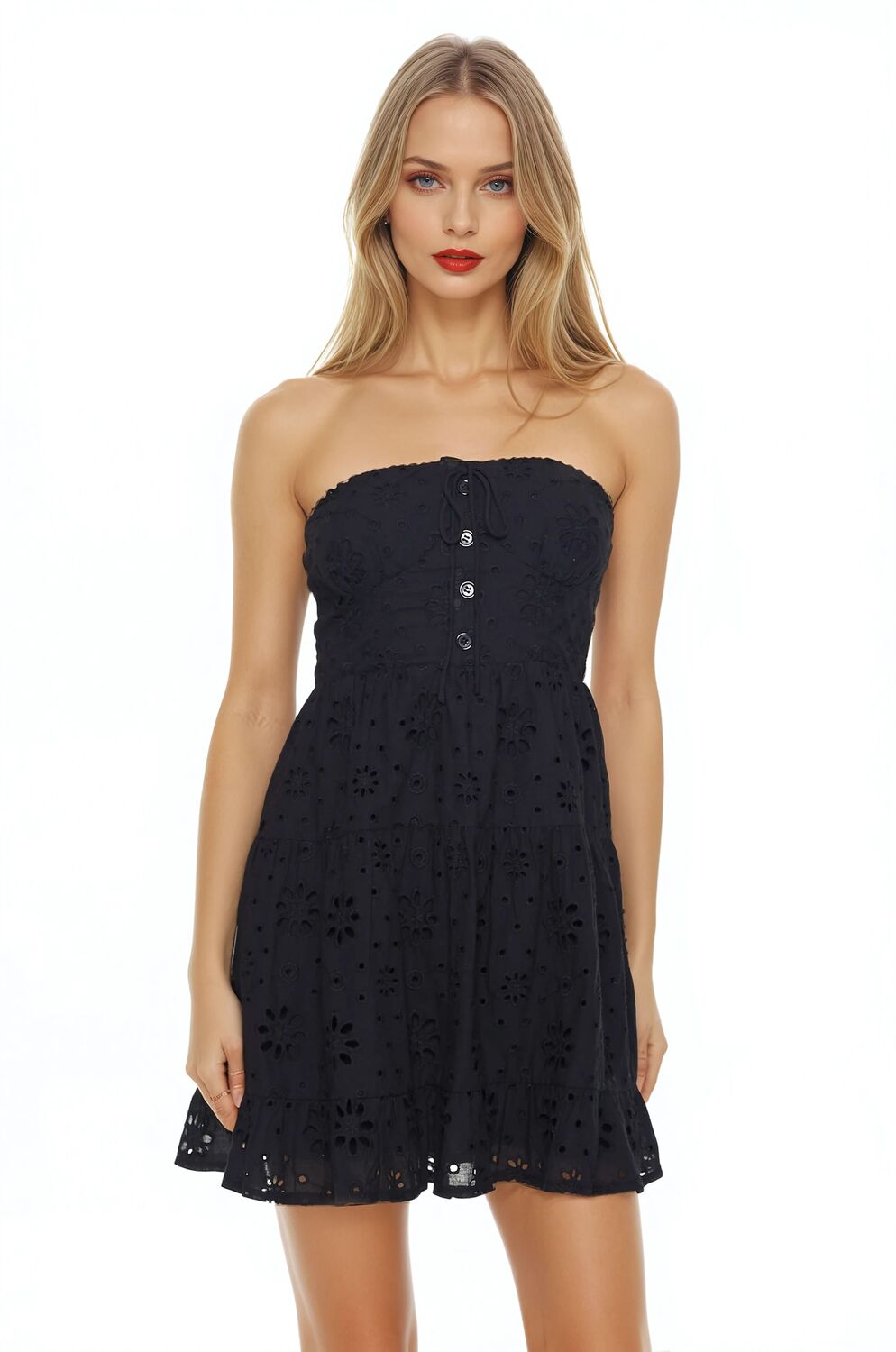 Strapless Eyelet Bustier Mini Dress in White Strapless Eyelet Bustier Mini Dress in White