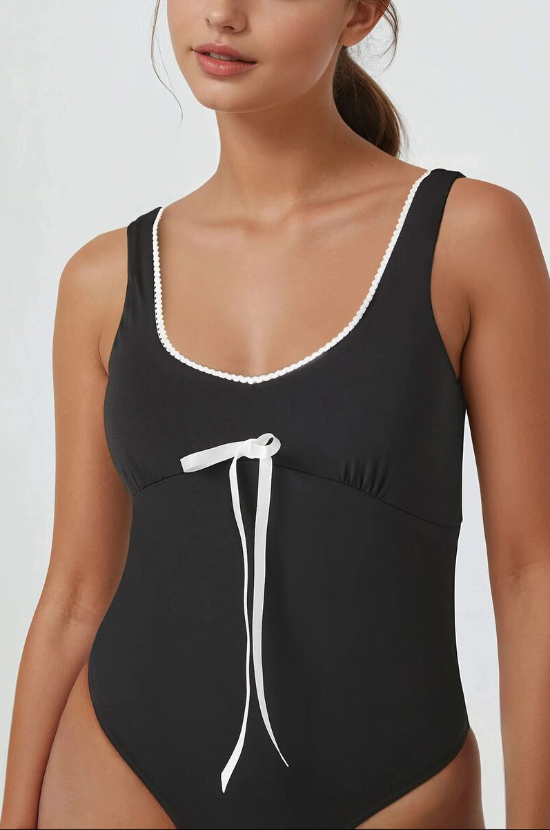  Forever 21 Bow Ricrac-Trim Bodysuit - white black - Bonton