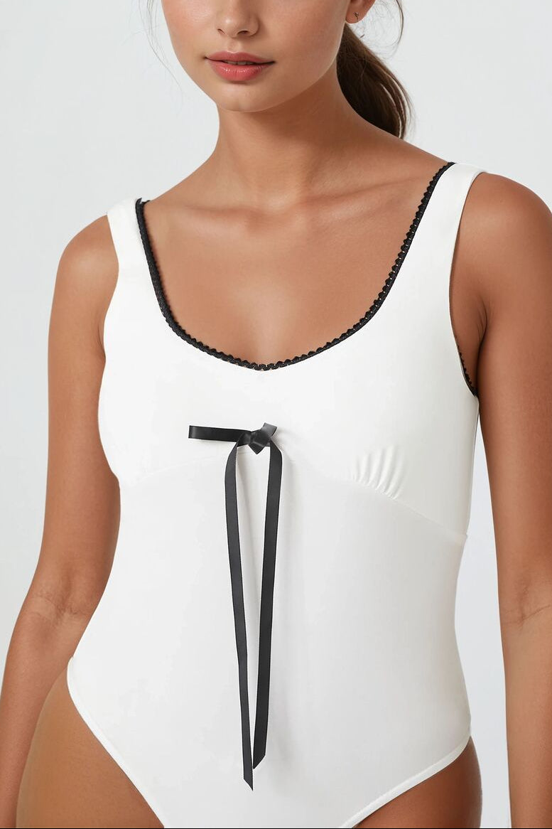 Forever 21 Bow Ricrac-Trim Bodysuit - white black - Bonton