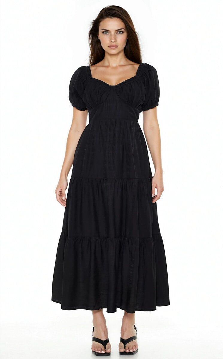  Forever 21 Tiered Puff-Sleeve Maxi Dress - black - Bonton