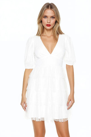 Clip-Dot Puff-Sleeve Mini Dress