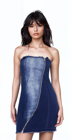 Zip-Up Denim Tube Mini Dress