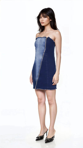 Zip-Up Denim Tube Mini Dress