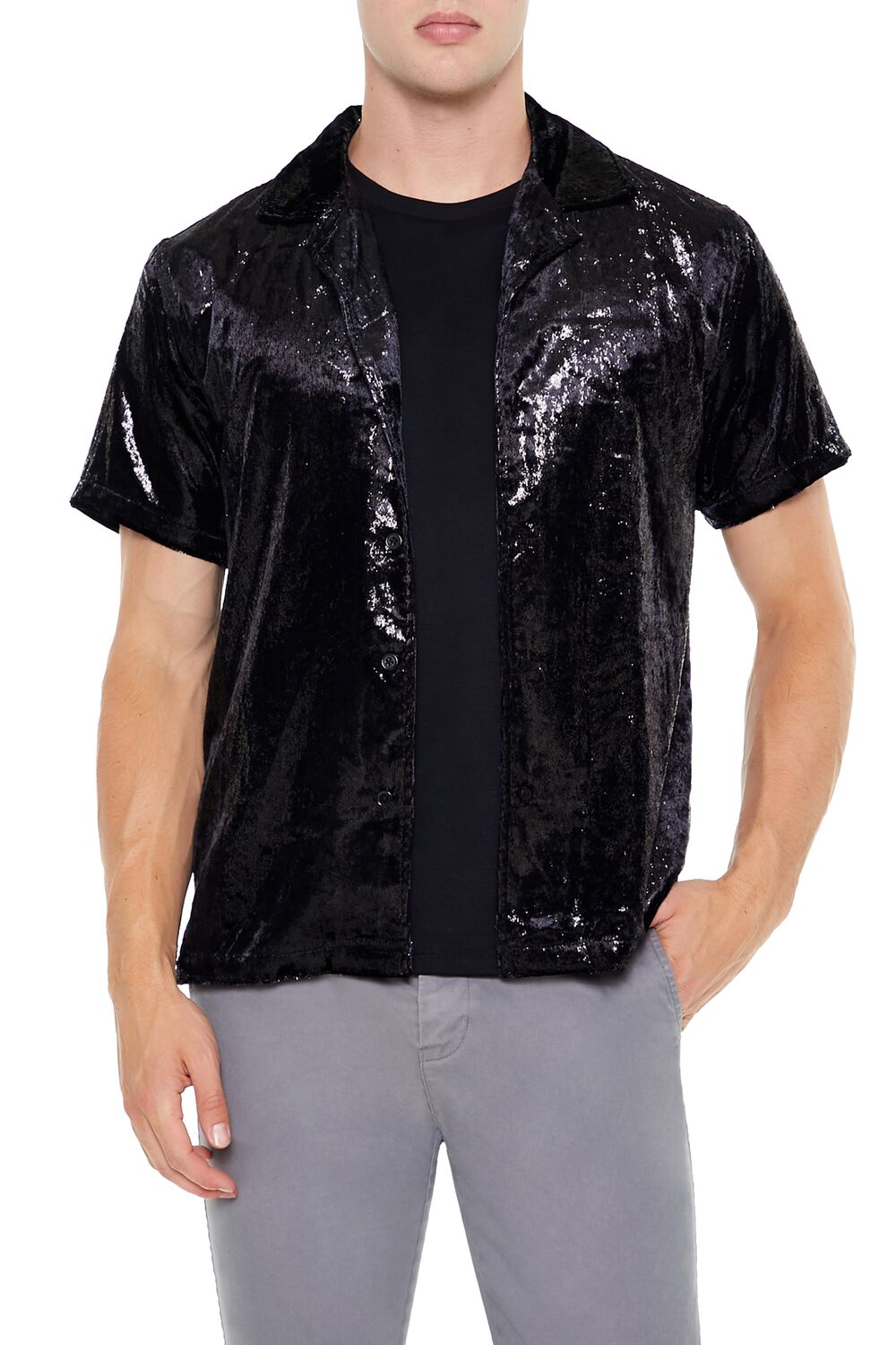  Forever 21 Textured Cuban Collar Shirt - black - Bonton