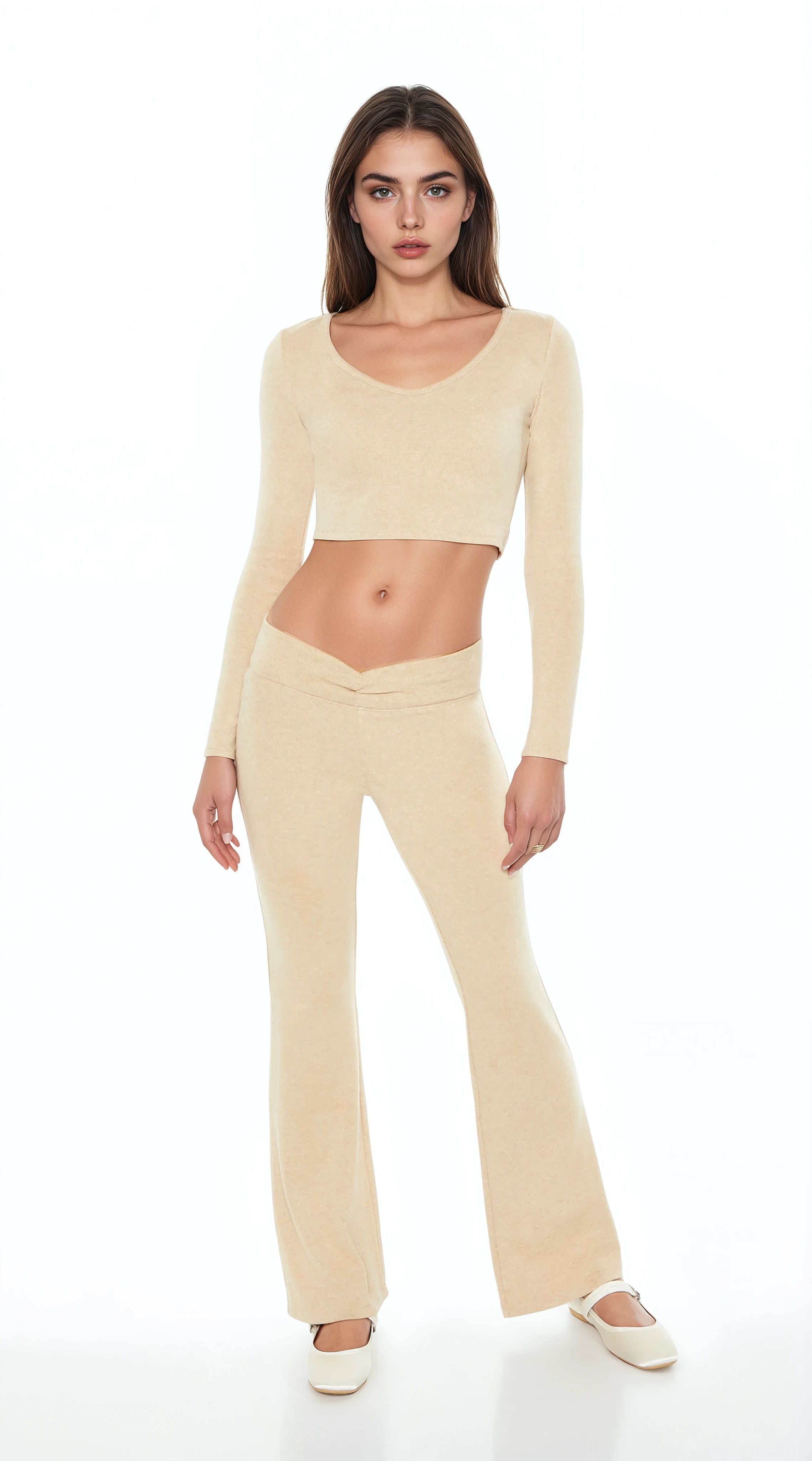  Forever 21 Mid-Rise V-Cut Flare Pants - oatmeal - Bonton