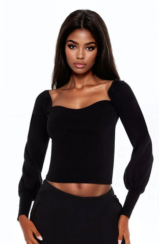 Gigot-Sleeve Sweater-Knit Crop Top