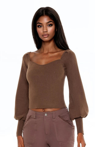 Gigot-Sleeve Sweater-Knit Crop Top