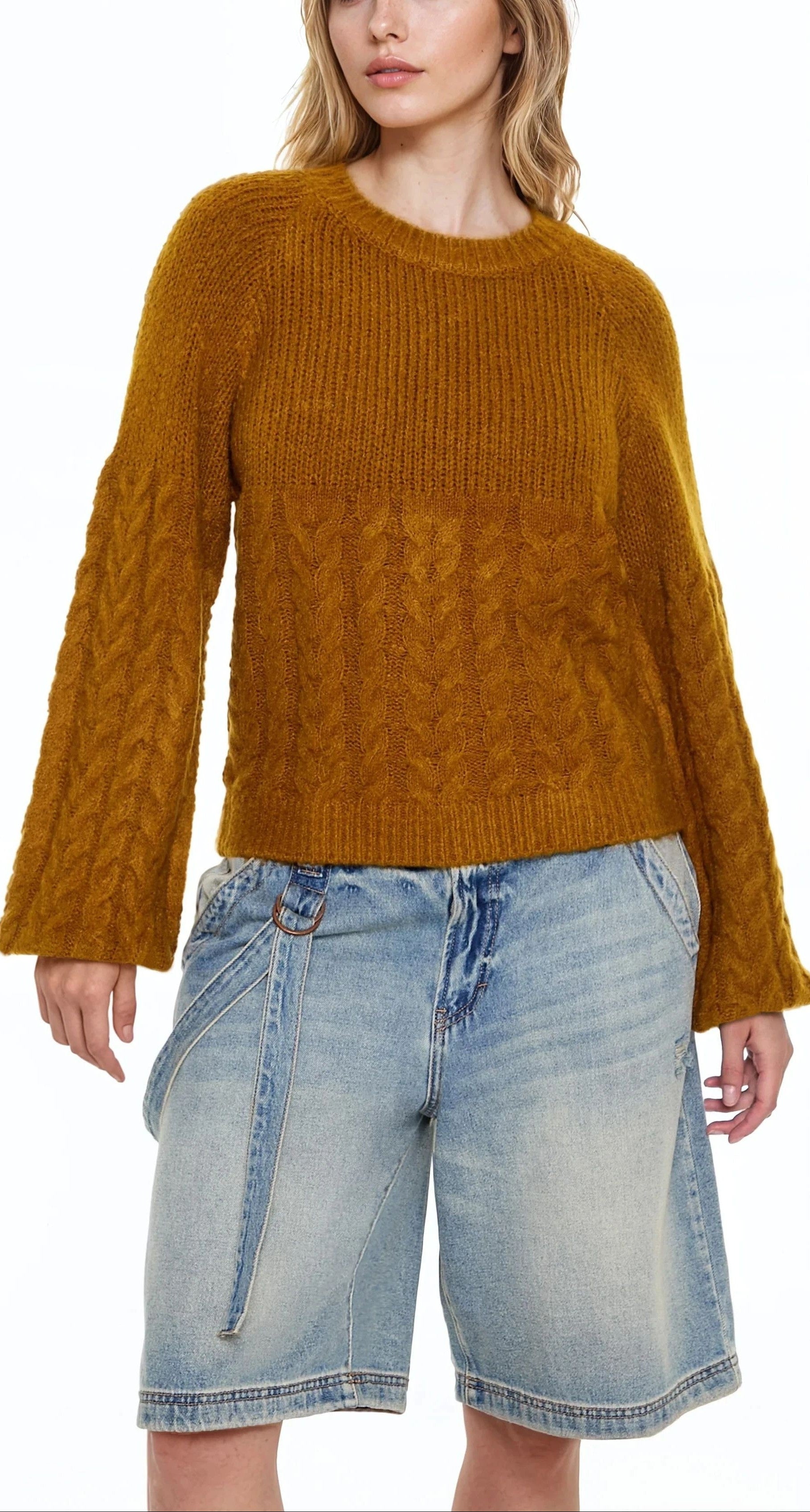  Forever 21 Peasant-Sleeve Cable Knit Sweater - root beer - Bonton