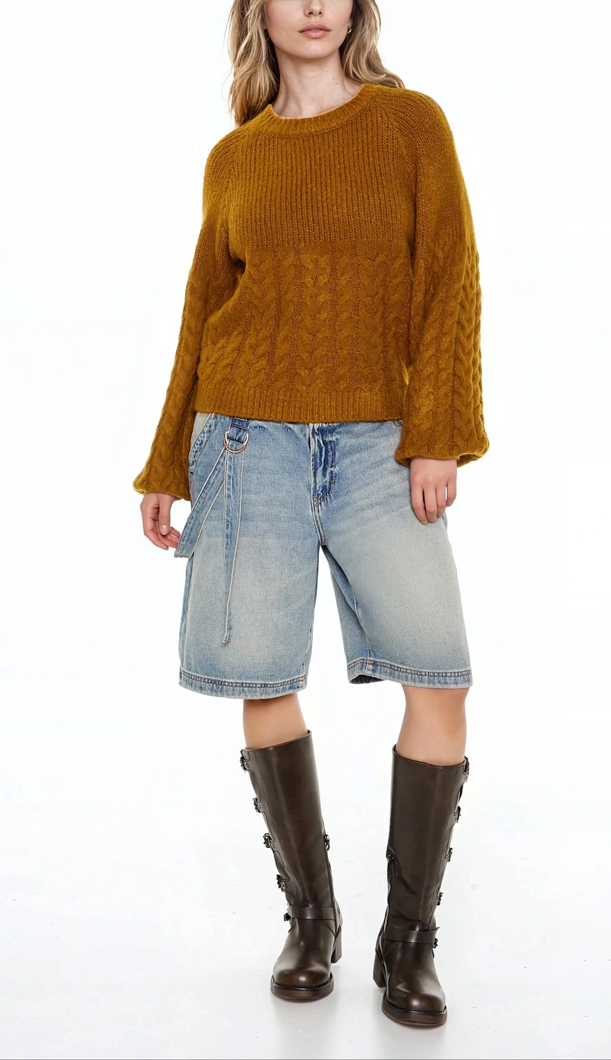  Forever 21 Peasant-Sleeve Cable Knit Sweater - root beer - Bonton
