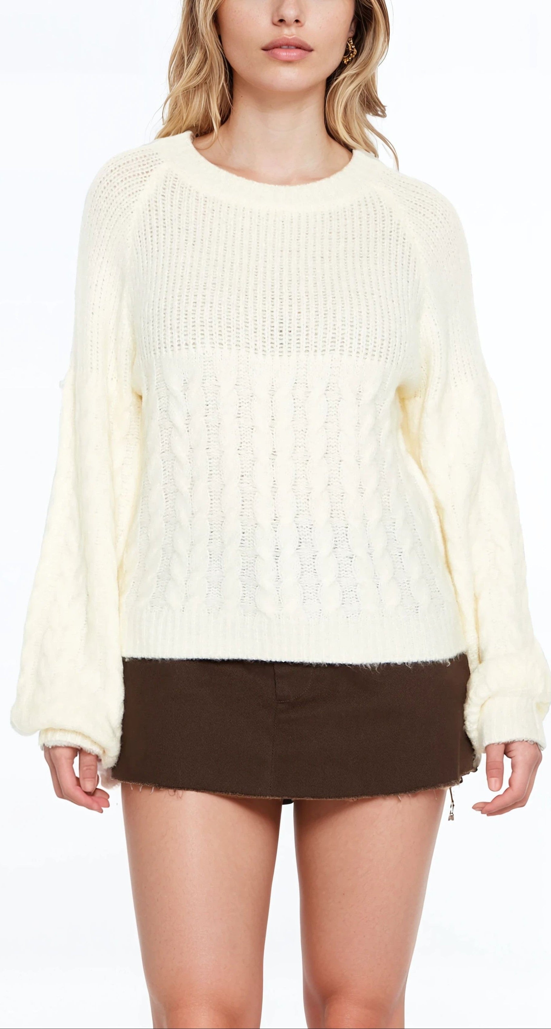  Forever 21 Peasant-Sleeve Cable Knit Sweater - root beer - Bonton