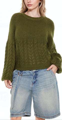 Peasant-Sleeve Cable Knit Sweater
