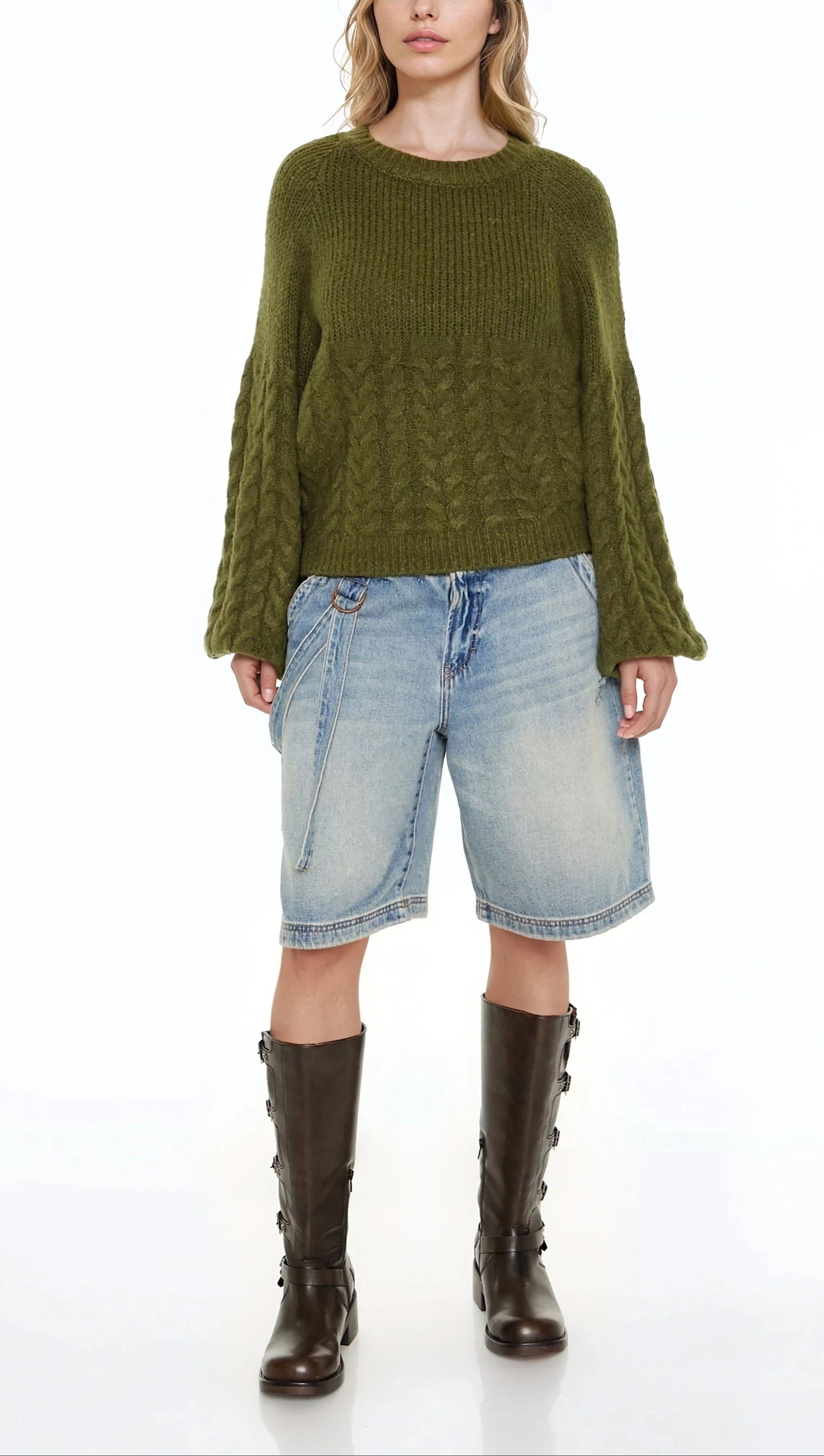  Forever 21 Peasant-Sleeve Cable Knit Sweater - root beer - Bonton