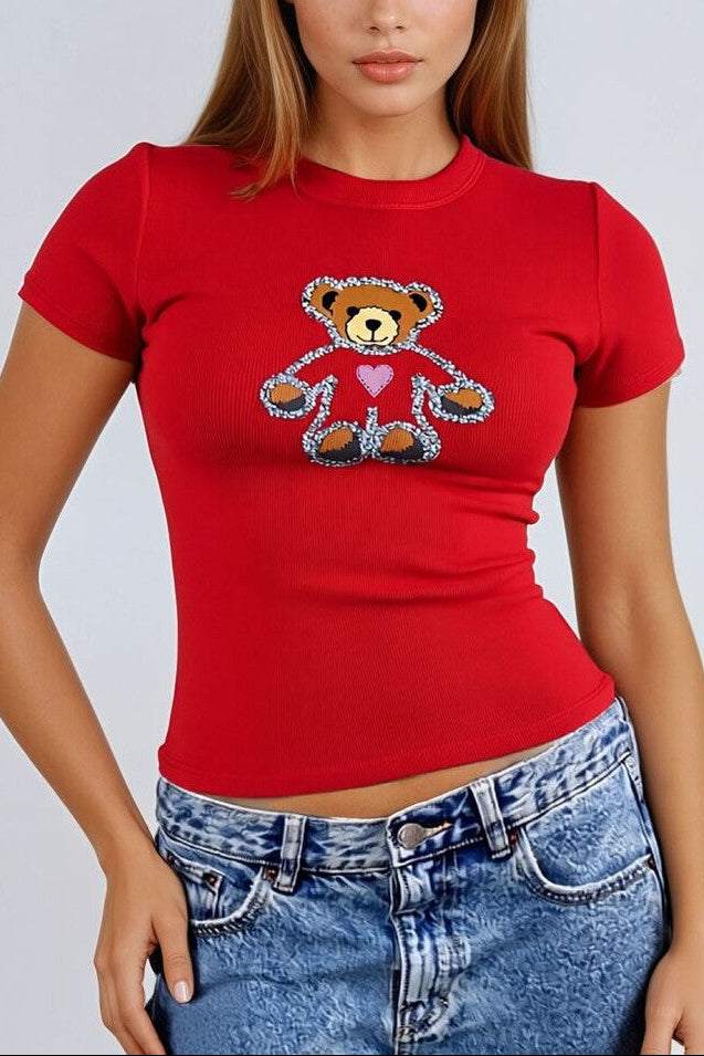  Forever 21 Sequin Teddy Bear Graphic Baby Tee - red multi - Bonton