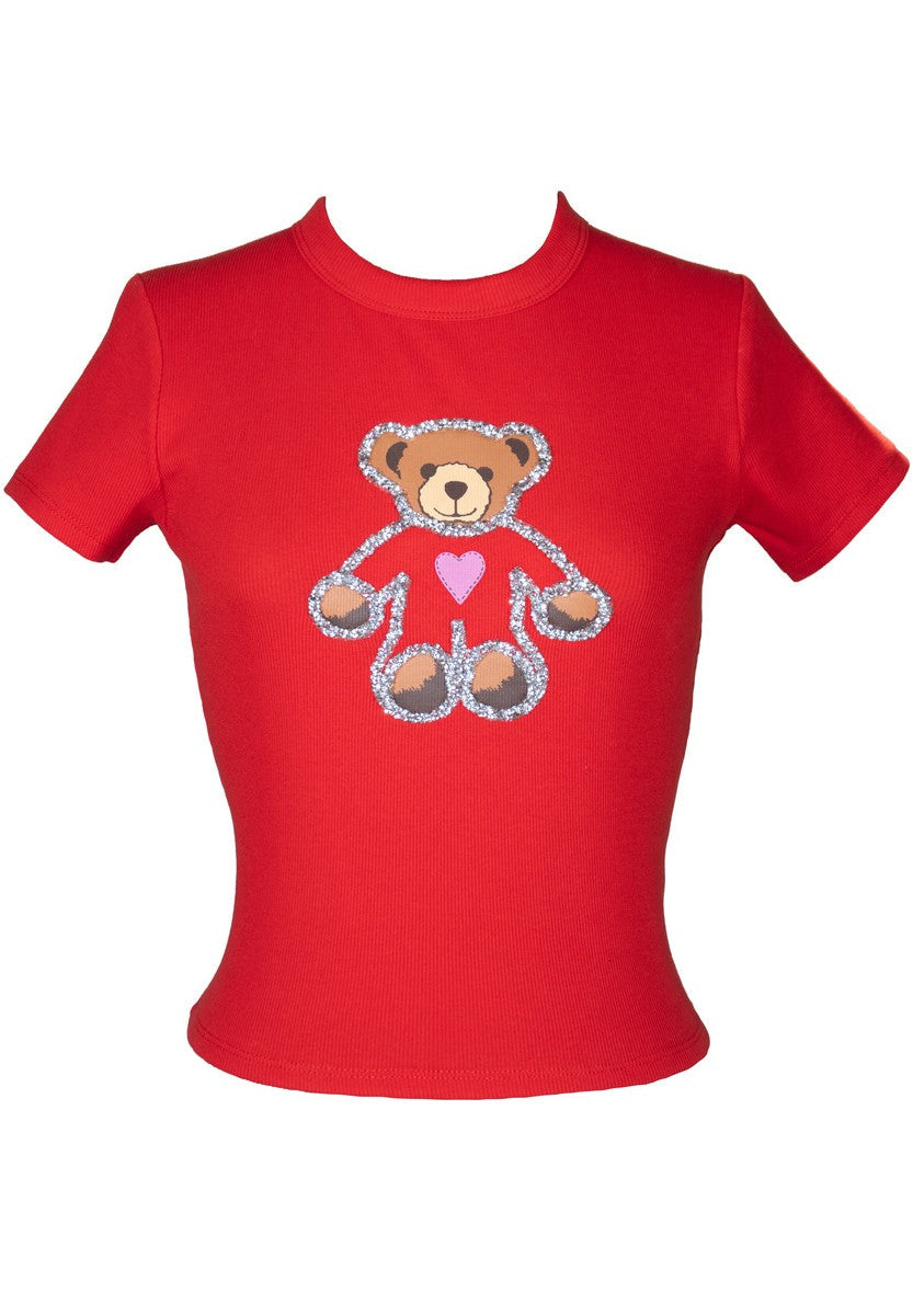  Forever 21 Sequin Teddy Bear Graphic Baby Tee - red multi - Bonton