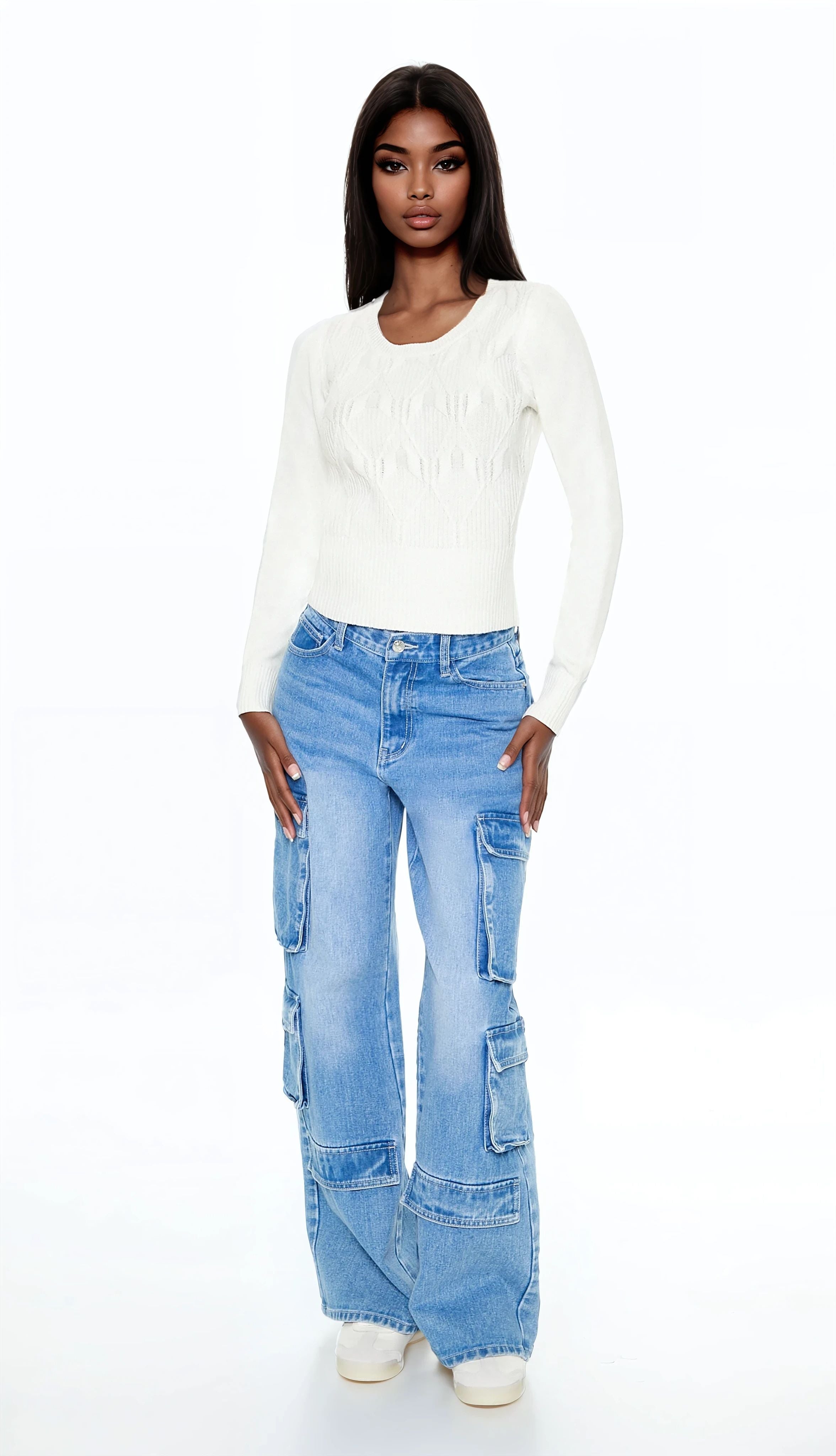 Forever 21 Cropped Lattice Sweater - white - Bonton