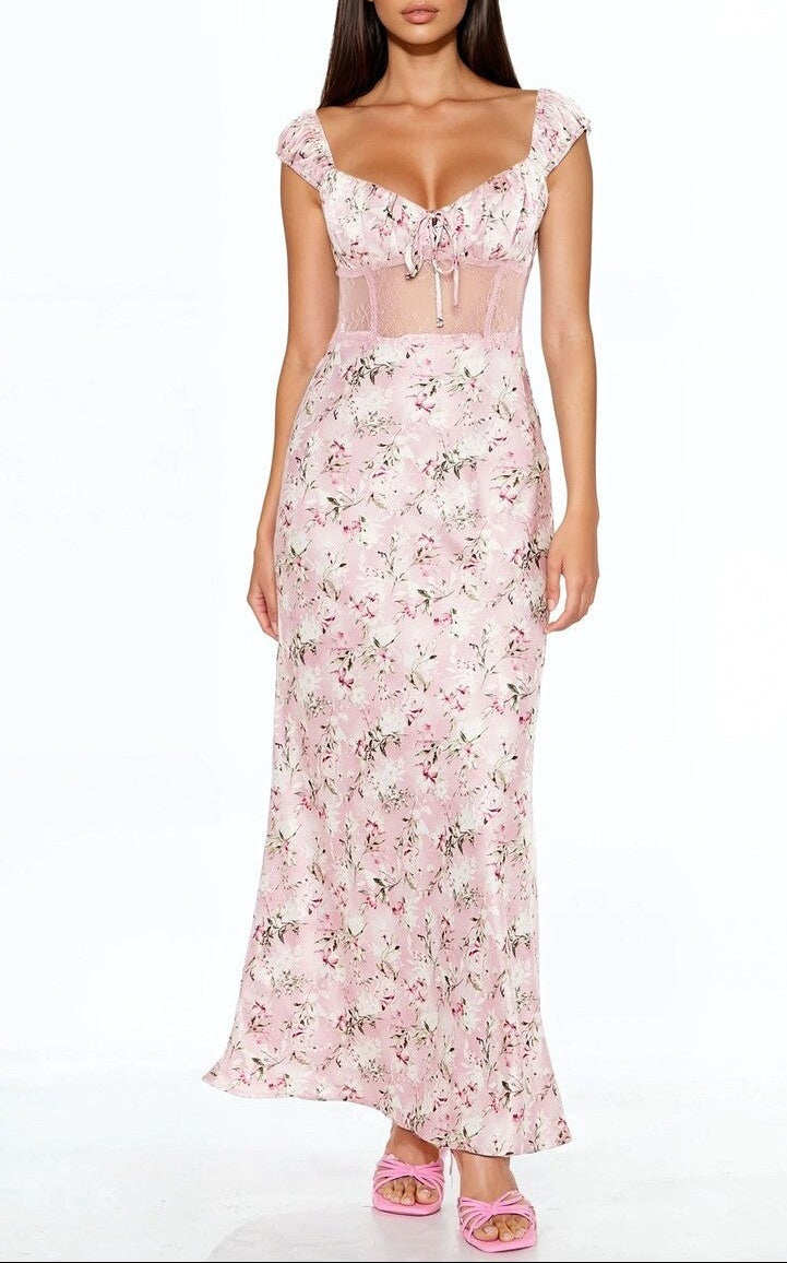  Forever 21 Lace-Trim Satin Floral Maxi Dress - pink-multi - Bonton