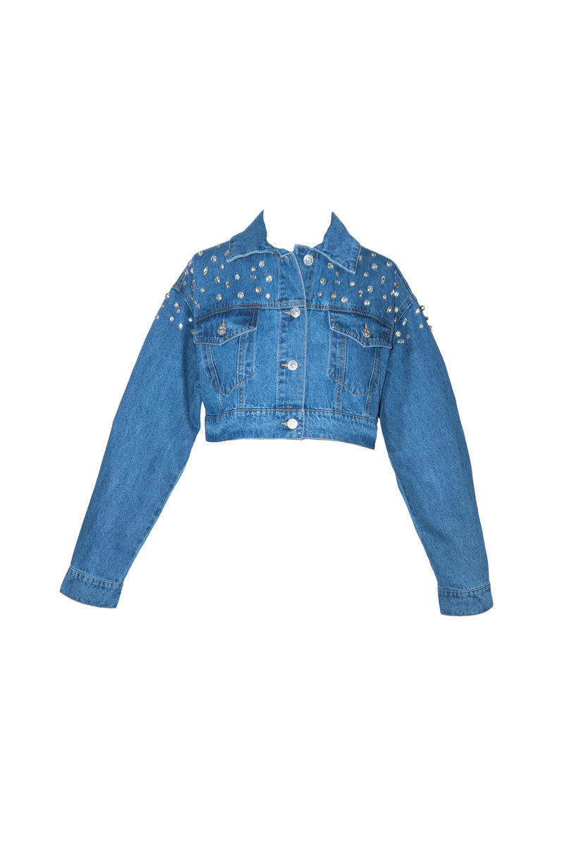  Forever 21 Cropped Rhinestone Denim Jacket - medium-denim - Bonton
