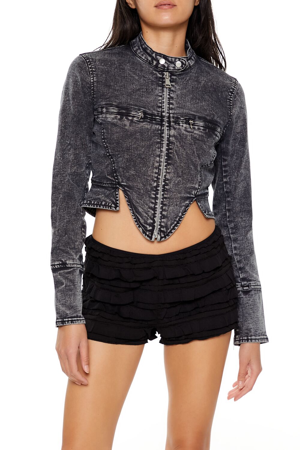  Forever 21 Denim Mineral Wash Moto Jacket - black-swatch - Bonton
