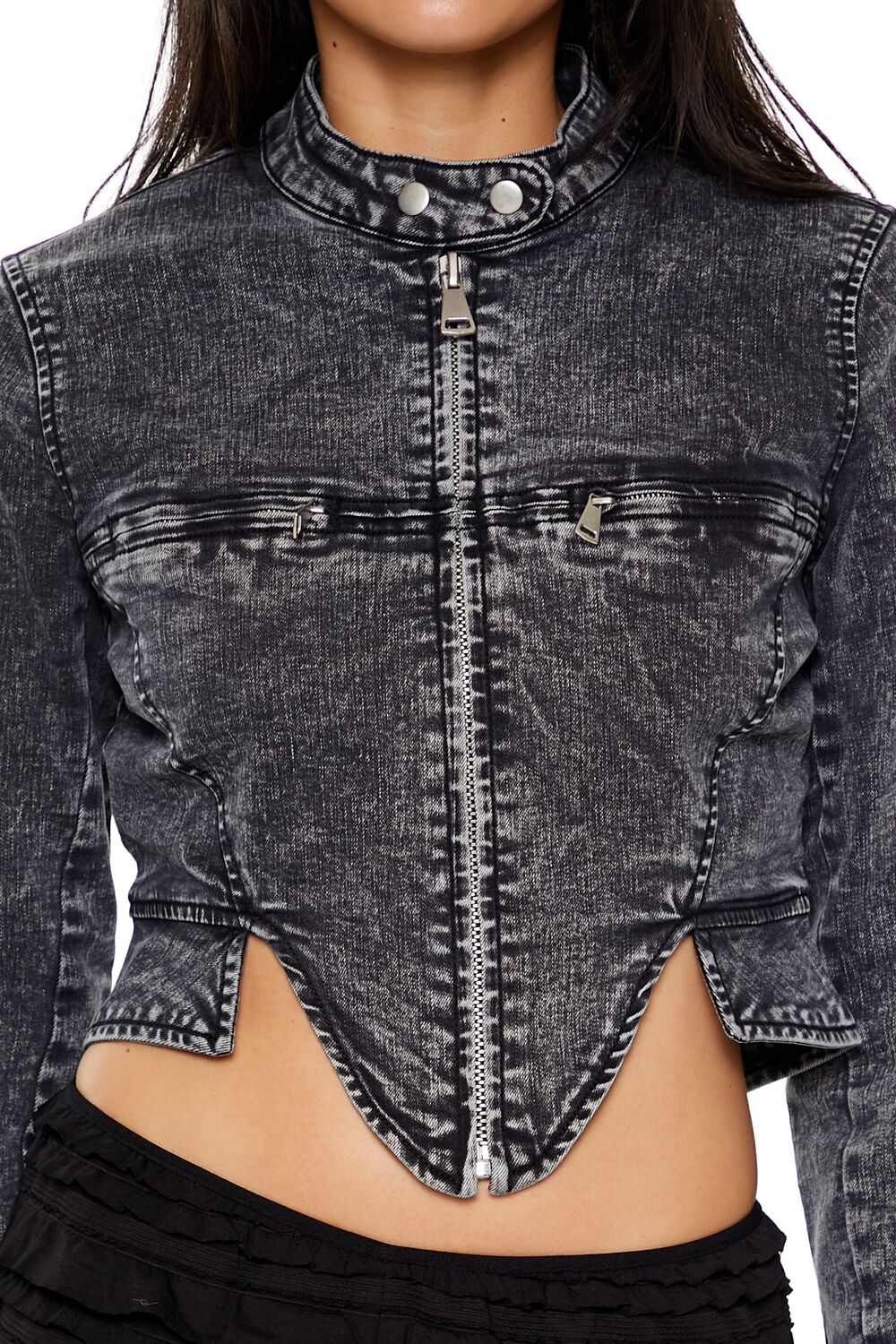  Forever 21 Denim Mineral Wash Moto Jacket - black-swatch - Bonton